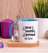 Görsel Sanatlar Öğretmeni Ahşap Altlıklı Mavi Kupa Bardak