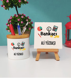 Bankacı Tasarımlı Kişiye Özel Hediye Bankacı Kalemlik ve Dekoratif Taş Baskı Seti