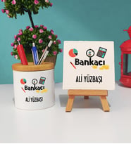 Bankacı Tasarımlı Kişiye Özel Hediye Bankacı Kalemlik ve Dekoratif Taş Baskı Seti