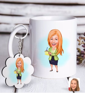 BK Gift Kişiye Özel Bayan Asistan Karikatürlü Beyaz Kupa ve Anahtarlık Hediye Seti-2 (Model 1)