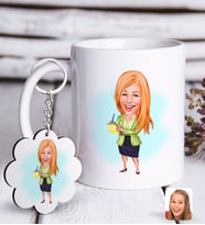 BK Gift Kişiye Özel Bayan Asistan Karikatürlü Beyaz Kupa ve Anahtarlık Hediye Seti-2 (Model 1)