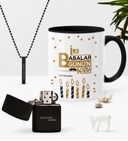 BK Gift Kişiye Özel İlk Babalar Günün Kutlu Olsun Siyah Kupa Çakmak Kolye Seti-5 (Model 1)