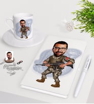 BK Gift Kişiye Özel Asker Karikatürlü Beyaz Defter Kalem Türk Kahvesi Fincanı Seti-1 (Model 1)