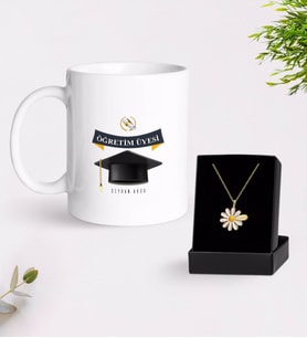 BK Gift Kişiye Özel Öğretim Üyesi Beyaz Kupa ve Papatya Kolye Hediye Seti-1 (Model 1)