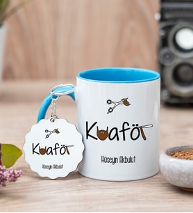 Erkek Kuaförü Mavi Kupa Bardak Ve Anahtarlık Set