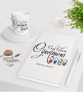 BK Gift Kişiye Özel Çocuk Gelişimi Öğretmeni Beyaz Defter Kalem Türk Kahvesi Fincanı Seti-2 (Model 1)