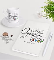 BK Gift Kişiye Özel Çocuk Gelişimi Öğretmeni Beyaz Defter Kalem Türk Kahvesi Fincanı Seti-2 (Model 1)