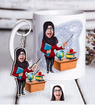 BK Gift Kişiye Özel Bayan Öğretmen Karikatürlü Beyaz Kupa ve Anahtarlık Hediye Seti-7 (Model 1)