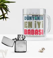 BK Gift Kişiye Özel Dünyanın En İyi Babası Cam Kupa Bardak Benzinli Metal Çakmak Seti-1 (Model 1)