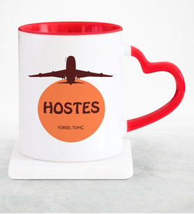 BK Gift Kişiye Özel Mesleki Hostes Kırmızı Kalpli Kupa Bardak  2