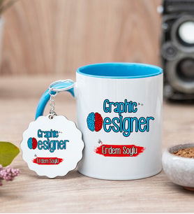 Grafiker Mavi Kupa Bardak Ve Anahtarlık Set