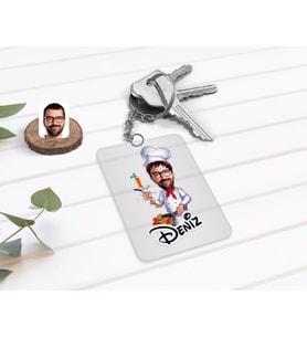 BK Gift Kişiye Özel Erkek Chef Karikatürlü Şeffaf Pleksi Anahtarlık-1 (Beyaz)
