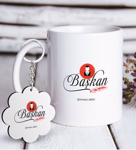 BK Gift Kişiye Özel Mesleki Başkan Beyaz Kupa ve Anahtarlık Hediye Seti-2 (Model 1)