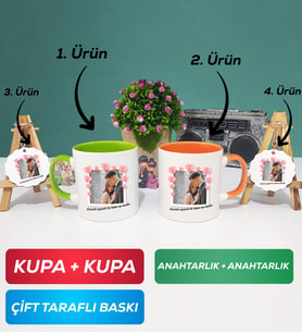 İkili Yeşil Turuncu Sevgiliye Sevgililer Günü Hediyesi 12 Kupa Bardak Anahtarlık