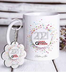 BK Gift Kişiye Özel 2024 Sana Mutluluk Getirsin Beyaz Kupa ve Anahtarlık Hediye Seti-1 (Model 1)