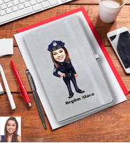 Kişiye Özel Polis Karikatürlü Gri Defter Kalem Hediye Seti Bayan-2