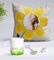 BK Gift Kişiye Özel Fotoğraflı Papatya Yastık Kupa ve Gold Papatya Anahtarlık-3 (Model 1)