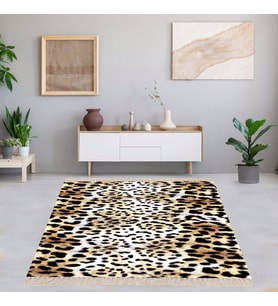 Leopar Desenli Dijital Baskı Yıkanabilir Modern Salon Halı ve Yolluk (Bej)