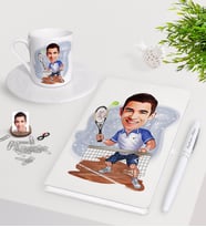 BK Gift Kişiye Özel Erkek Tenis Oyuncusu Karikatürlü Beyaz Defter Kalem Türk Kahvesi Fincanı Seti-1 (Model 1)