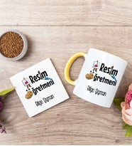 Resim Öğretmeni Sarı Kupa Bardak Ve Bardak Altlığı Seti
