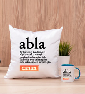 Abla Kelime Anlamı Kare Yastık ve Mavi Kupa Bardak