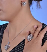 İnci Ve Yakut Taşlı Oksitli Telkari Bayan Gümüş Üçlü Set