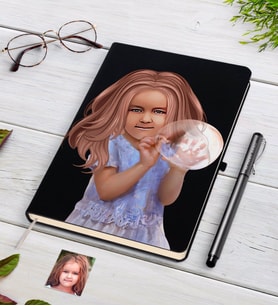 BK Gift Kişiye Özel Kız Çocuk İllüstrasyon Tasarımlı Siyah Defter ve Kalem Hediye Seti-2