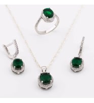 925 Ayar Gümüş Yeşil Zirkon Taşlı  Yuvarlak Model Bayan Set