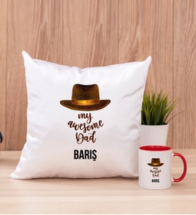 Awesome Dad Babaya Hediye Kare Yastık ve Kırmızı Kupa Bardak