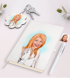 BK Gift Kişiye Özel Kadın Model Karikatürlü Beyaz Defter Kalem ve Anahtarlık Hediye Seti (Model 1)