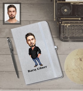 Kişiye Özel Erkek Karikatürlü Gri Defter Kalem Hediye Seti  Model-2