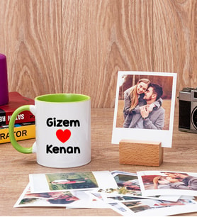 Sevgililere Özel İsim Yazılı Yeşil Kupa Bardak ve Ahşap Standlı Polaroid Set