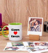 Sevgililere Özel İsim Yazılı Yeşil Kupa Bardak ve Ahşap Standlı Polaroid Set