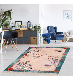 Otantik Kilim Kuş ve Çiçek Desenli Etnik Dijital Baskı Yıkanabilir Modern Salon Halı ve Yolluk (Bej)