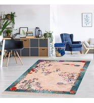 Otantik Kilim Kuş ve Çiçek Desenli Etnik Dijital Baskı Yıkanabilir Modern Salon Halı ve Yolluk (Bej)