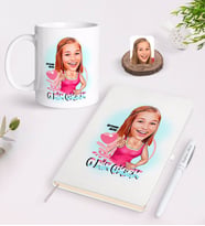 BK Gift Kişiye Özel Kadınlar Günü Karikatürlü Beyaz Defter Kalem ve Kupa Seti-4 (Model 1)