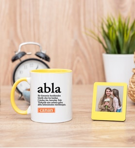 Abla Kelime Anlamı Sarı Kupa Bardak ve Sarı Mini Fotoğraf Çerçevesi
