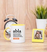 Abla Kelime Anlamı Sarı Kupa Bardak ve Sarı Mini Fotoğraf Çerçevesi