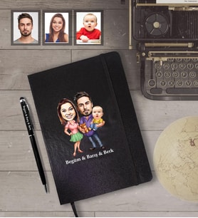 Kişiye Özel Aile Karikatürlü Siyah Defter Kalem Hediye Seti   Mod-4