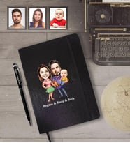 Kişiye Özel Aile Karikatürlü Siyah Defter Kalem Hediye Seti   Mod-4