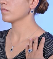 Safir Taşlı Oksitli Telkari Bayan Gümüş Üçlü Set