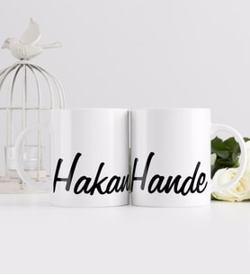 BK Gift Kişiye Özel El Yazısı İsim Tasarımlı İkili Beyaz Kupa Bardak-4
