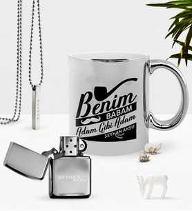 BK Gift Kişiye Özel Benim Babam Adam Gibi Adam Krom Kupa Benzinli Çakmak Kolye Seti (Model 1)