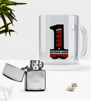 BK Gift Kişiye Özel 1. Sınıf Baba Cam Kupa Bardak Benzinli Metal Çakmak Seti (Model 1)