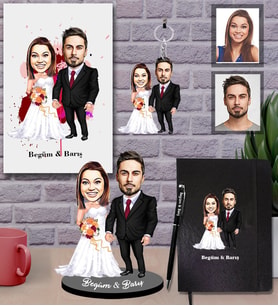 Kişiye Özel Gelin Damat Karikatürlü 5 li Hediye Seti  Mod-8