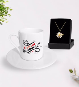 BK Gift Kişiye Özel Canım Öğretmenim Türk Kahvesi Fincanı ve İsimli Papatya Kolye Hediye Seti-2 (Model 1)