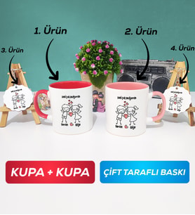 İkili Kırmızı Pembe Kişiye Özel Sevgililer Günü Hediyesi Kupa Bardak Anahtarlık Hediye Seti