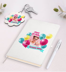 BK Gift Kişiye Özel Fotoğraflı Doğum Günü Beyaz Defter Kalem ve Anahtarlık Hediye Seti-1 (Model 1)