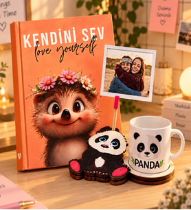 Kişiye Özel Fotoğraflı Kendini Sev Defter & Panda Figürlü Kupa