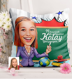 BK Gift Kişiye Özel Bayan Öğretmen Karikatürlü  Yastık  1